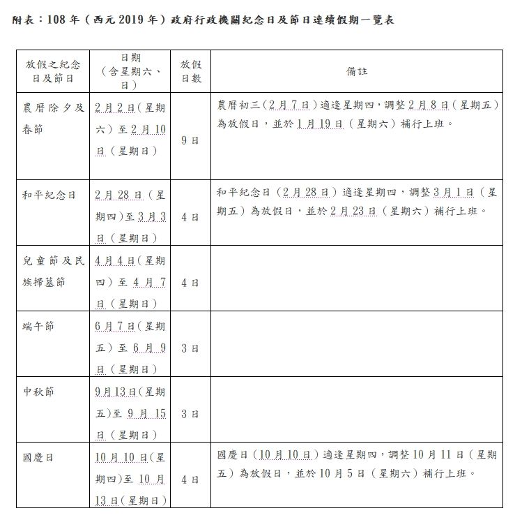 2019行事曆-人事行政局107年行事曆excel表格下載